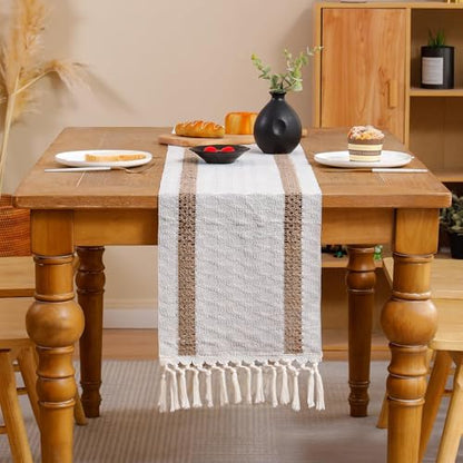 120 inch Table Runner Khaki Double Striped Boho Fall Decor - color: Khaki Double Stripes