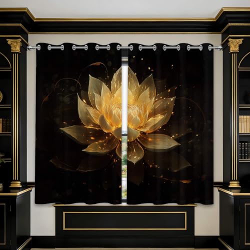 Black and Gold Blackout Curtains, Lotus Drapes 63 inches length, 2 Panels - color: Black and Gold, size: 52"W x 63"L (Pack of 2)