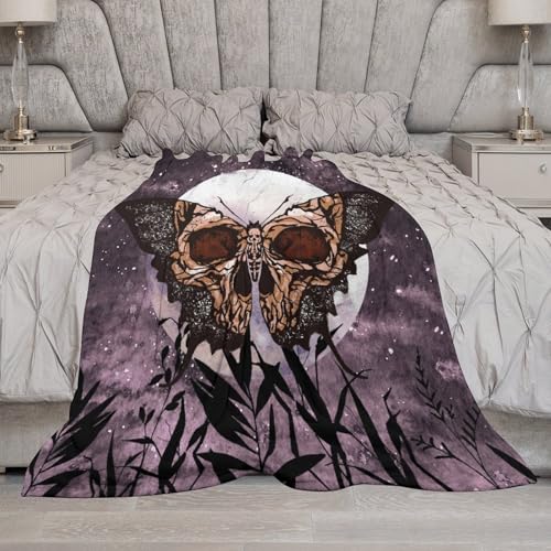 Death Moth Blanket, Boho Gothic Skull Moth Purple Starry Plant Full Moon Mysterious Witchy Throw Blanket for Couch Sofa Office Bed Travelling Bed Throws, 30"x40" - color: Death Moth, size: 30"x40"