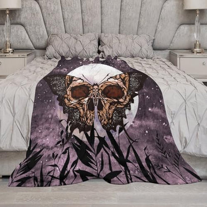 Death Moth Blanket, Boho Gothic Skull Moth Purple Starry Plant Full Moon Mysterious Witchy Throw Blanket for Couch Sofa Office Bed Travelling Bed Throws, 30"x40" - color: Death Moth, size: 30"x40"