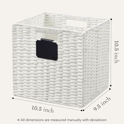 UBBCARE 2 Pack Wicker Basket, 10.5×10.5 Storage Cubes with Label, Foldable Cube Storage Bin with Handle, Square Storage Basket for Shelves, Woven Paper Rope Basket for Organizing, White - color: White, size: 2pack-10.5L×10.5H×9.5W