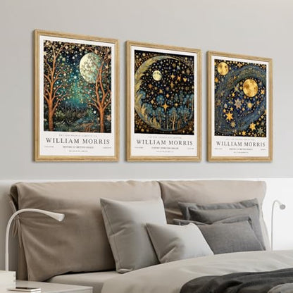 Hianan Wood Framed William Morris Moon Star Wall Art Set of 3, 12x16 in - color: Dark Blue,Gold(Wood), size: 16"L x 12"W