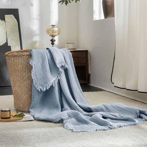 FOSSA Muslin Blanket 4-Layer 100% Cotton Gauze Blanket with Fringe 50"x70" - color: Cornflower Blue, size: Throw XL (50" × 70")