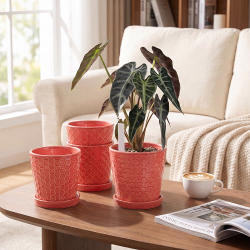 EFISPSS Ceramic Plant Pots, 5 Inch Planters with Drainage Holes and Ceramic Tray, Relief Design Flower Planter, Desktop Office Windowsill Decoration Gift Set of 4 - Magenta - color: Magenta