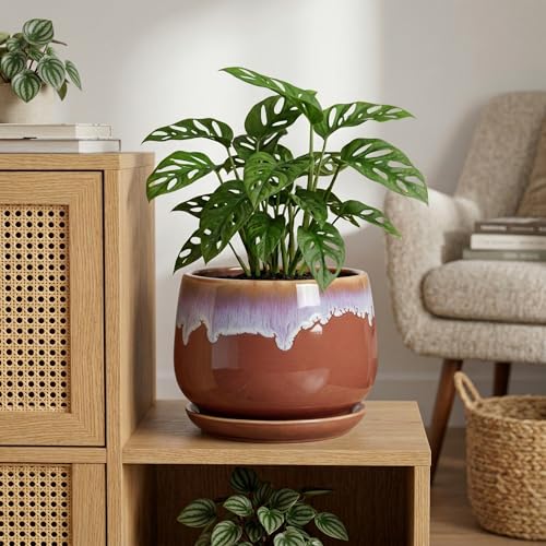 9 Inch Ceramic Planter, Indoor Planters with Drainage, Red-Purple - size: 9 Inch, style: Red-purple