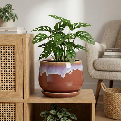 9 Inch Ceramic Planter, Indoor Planters with Drainage, Red-Purple - size: 9 Inch, style: Red-purple