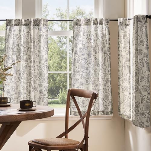 jinchan Linen Floral Kitchen Tier Curtains 30 Inch 2 Panels Grey on Beige - color: Classic | Grey on Beige, size: 26"W x 30"L (Pack of 2)