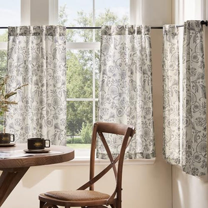 jinchan Linen Floral Kitchen Tier Curtains 30 Inch 2 Panels Grey on Beige - color: Classic | Grey on Beige, size: 26"W x 30"L (Pack of 2)