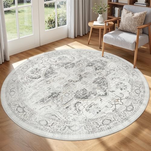 Washable 6ft Round Area Rugs, Non Slip Vintage Rug Ivory/Gray - color: Ivory/Gray, size: 6' (Round）