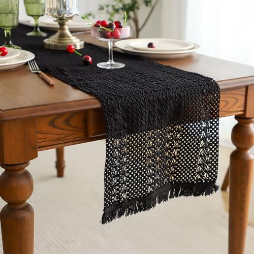 Simple&Opulence Boho Macrame 100% Cotton Table Runner - 12 x 72 Inch, Woven Farmhouse Table Runner with Tassels for Bohemian Rustic Wedding, Bridal Shower, Dinner （Black） - size: 12"x72", style: Cotton / Black