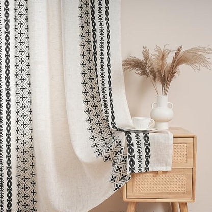 Black and Cream Boho Embroidered Curtains for Living Room 63 Inch - color: Striped-black, size: 52"W x 63"L (Pack of 2)