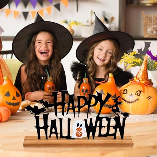 Metal Happy Halloween Sign Halloween Table Decorations with Wooden Base - color: Black