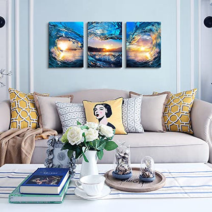 DZRWUBHS Canvas Wall Art For Living Room Bedroom Office - Blue Sea View Sunrise Ocean Waves - 3 Piece Set - 16" X 24" Large Size - color: Ocean Waves Paintings, size: 16x24inches*3pcs