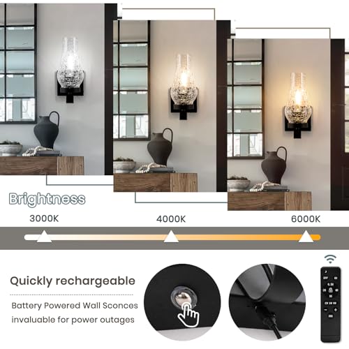 Battery Operated Wall Sconces, Ice Crackle Glass Lampshade Rustic Wall Lights, Non-Hardwired Antique Kerosene Wall Lamps, Vintage Bedside Black Wall Sconces Set of 2 for Bedroom, Hallway - color: Ice Crackle Black
