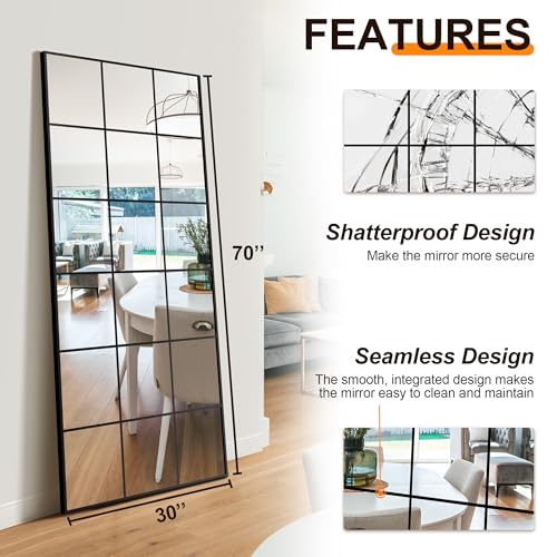 Delma Window Pane Full Length Mirror, 30"x70" Large Window Mirror, Black - size: 70"L x 30"W