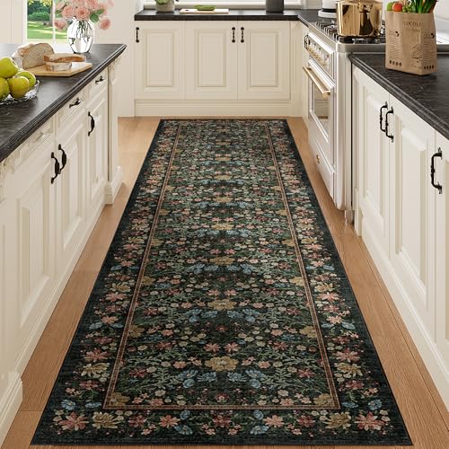 DUKINO 3x6 Kitchen Runner Rug, Washable Vintage Floral Area Rug, Black - color: Black, size: 3' x 6' (Rectangular)