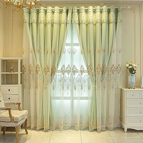 Amidoudou 1 Pair European Curtains with Valance Attached Double Layer Curtains for Living Room Bedroom (Green,51x96 Inch) - color: Green, size: 51"W x 96"L (Pack of 2)