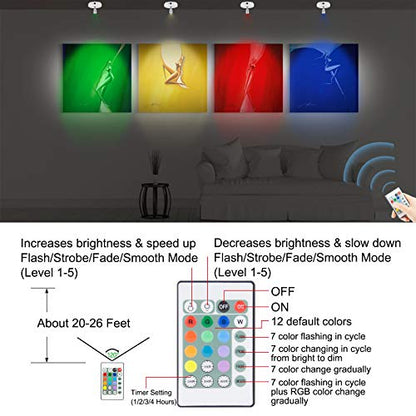 LUXSWAY Battery Operated LED Spotlights Indoor,Accent Lights with Dimmable,12 Color Changing Puck Light with 2 Remote,Closet Light with Rotatable Lighting Head,Stick on Dart Board Lighting - color: White+Silver Head-2Pack