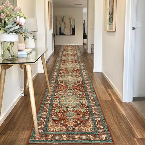 U'Artlines 2' x 14' Boho Hallway Runner Rug, Washable Carpet, Rust＆Teal - color: Rust＆teal, size: 2' x 14' (Runner)