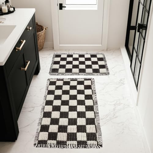 MatEssenz 2 Piece Waffle Bathroom Rugs Checkered Bath Mat Set (17"x24" & 18"x30"), Black and White Weave Bathroom Rugs with Tassels, Non-Slip Quick Dry Shower Mats, Machine Washable Skin-Friendly - color: Lattice Style, size: 17" x 24" + 18" x 30"