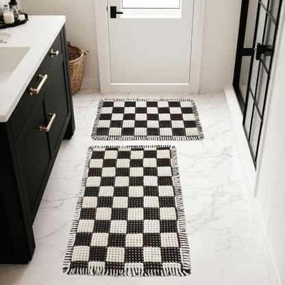 MatEssenz 2 Piece Waffle Bathroom Rugs Checkered Bath Mat Set (17"x24" & 18"x30"), Black and White Weave Bathroom Rugs with Tassels, Non-Slip Quick Dry Shower Mats, Machine Washable Skin-Friendly - color: Lattice Style, size: 17" x 24" + 18" x 30"