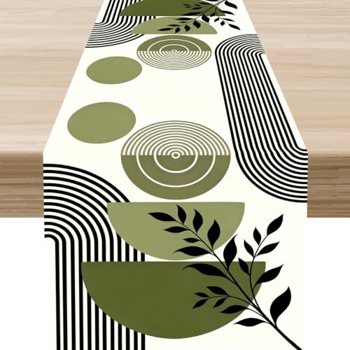 Green Mid Century Table Runner, Boho Abstract Leaves Arch Geometric Modern Table Decor ations for Kitchen Living Room Home Party Decor 13x36 inch - color: Boho Leaf-8, size: 13x36" Table Runner