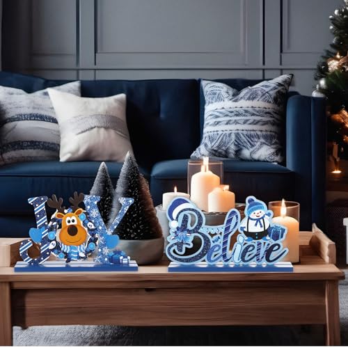 Blulu 3 Pcs Blue Christmas Wooden Signs Tabletop Farmhouse Centerpieces - color: Blue