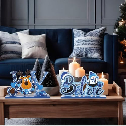 Blulu 3 Pcs Blue Christmas Wooden Signs Tabletop Farmhouse Centerpieces - color: Blue