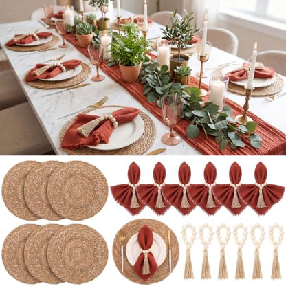 Fanfanwin Set of 6 Boho Woven Placemats with Rust Red Napkins, 13 in - color: Rust Red