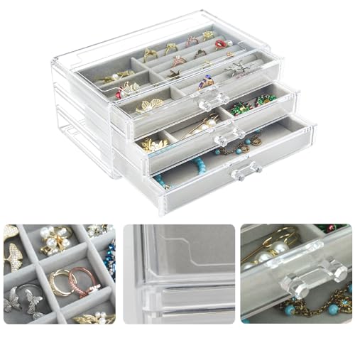 Weiai Acrylic Jewelry Box Organizer 3 Drawer Earring Storage Case Tray for Women - color: Gray