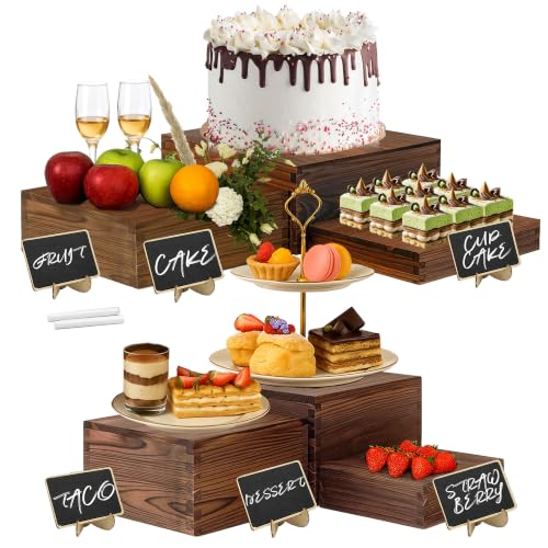 6-Pack Wood Risers Display Stands, Multi-Height Food Risers for Buffet Table, Rustic Wooden Cake & Cupcake Stands for Party, Birthday, Wedding, Halloween Decor