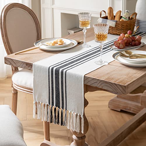 Boho Table Runner for Modern Farmhouse Decor, Dining Table décor 13 x 72 Inch Long with Handcrafted Tassels, Black and Beige Stripe Table Runner for Home Boho décor - color: Black Beige, size: 13x72Inch