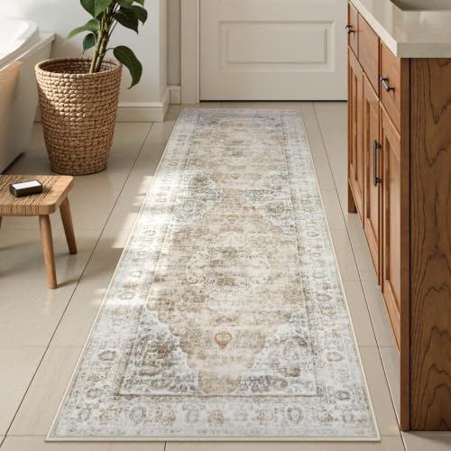 Uphome Bathroom Runner Rug, Distressed Tribal Farmhouse Light Khaki Bathroom Mat, Large Bathroom Rugs Non Slip Washable, Oriental Retro Boho Bath Mat Runner for Bathtub Sink Hallway, 24x59 inch - color: Light Khaki, size: 24 x 60 inch (Rectangular)