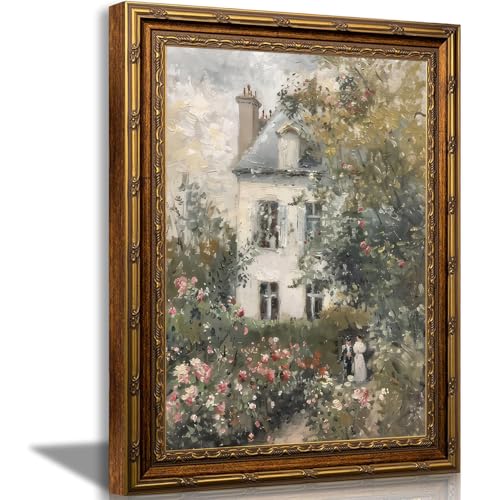 Gold Framed Vintage Floral Canvas Wall Art Rose Garden Painting Home Decor Spring Floral Pictures Rustic Country Print Artwork for Bedroom Bathroom Living Room Office 12x16 in - color: Country, size: 12"L x 16"W