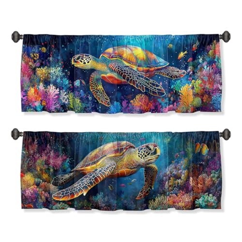Sea Turtle Valance Curtain for Windows 2 Pack Colorful Coral Reef Iridescent Tropical Rod Pocket Window Treatments Short Curtains for Kitchen Windows Bathroom Bedroom 54x18 Inch - color: Sea Turtle