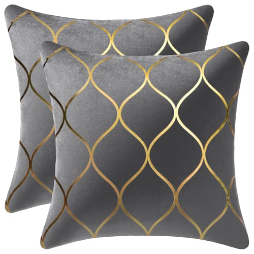 DEZENE Gold Velvet Throw Pillow Covers: 2 Pack 20x20 Inch Square Decorative Pillow Cases for Bedroom Sofa Couch Living Room, Light Grey - color: Light Grey, size: 20" x 20" (Pack of 2)