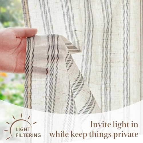 jinchan Linen Striped Tier Curtains for Kitchen Windows Farmhouse - color: Striped Chocolate Black | on Beige, size: 26"W x 24"L (Pack of 2)