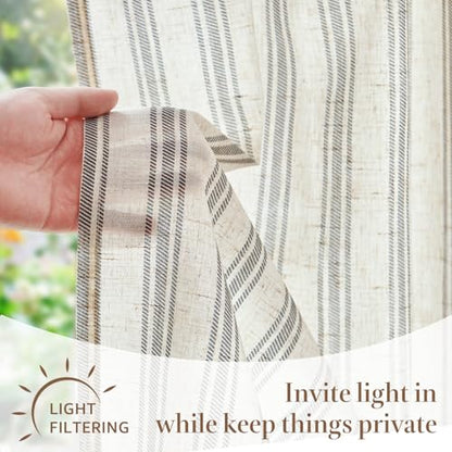 jinchan Linen Striped Tier Curtains for Kitchen Windows Farmhouse - color: Striped Chocolate Black | on Beige, size: 26"W x 24"L (Pack of 2)