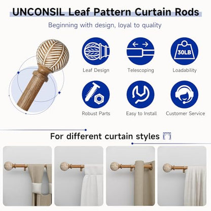 Wood Curtain Rods for Windows: 1 Inch Diameter Adjustable Heavy Duty Curtain Rod 32" to 45" with Imitation Wood Grain Leaf Pattern Finials - color: Wood grain, size: 32"-45"|1 PACK