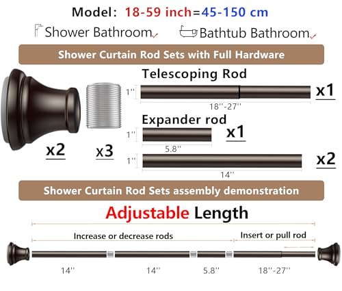 Oil Rubbed Bronze Tension Shower Curtain Rod – Adjustable 18-59 Inches, Fits 20-58 Inch Spaces, No Drill Rust Resistant Spring Rod for Bathroom, Kitchen, Bedroom, Balcony - color: Bronze, size: 18-59 inch