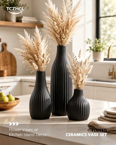 Minimal Line Black Ceramic Vase Set of 3, Matte Decorative Flower Vases - color: Black