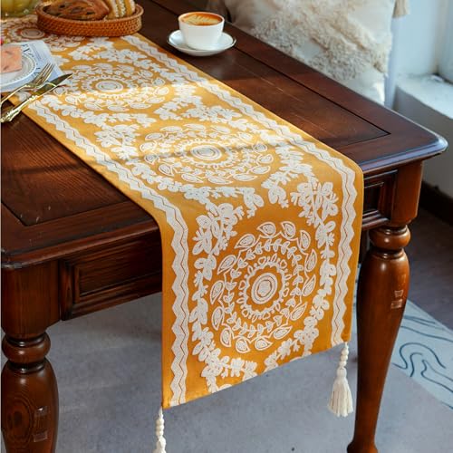 ARTABLE Ginger Boho Table Runner Wood Bead Tassel Dresser Scarf 14x96 Inch - color: Ginger, size: 14 x 96 Inch
