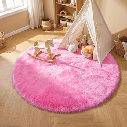 duduta Hot Pink Faux Fur Sheepskin Round Rug 4x4 ft, Fluffy Shag Circle Rug - color: Hot Pink, size: 4' x 4' (Round)