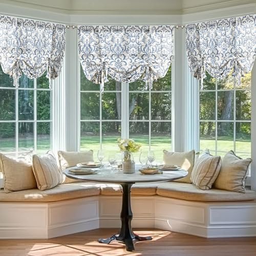 jinchan Floral Linen Kitchen Window Valance, Tie up, 42x54, 1 Panel, Blue - color: Baroque | Blue on Flax, size: 42"W x 54"L (Pack of 1)