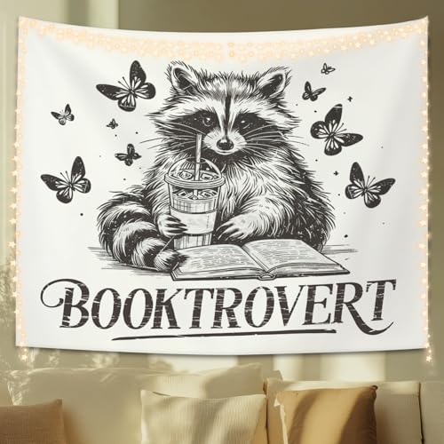 STHTTSW Reading Tapestry, Classroom Booktrovert Raccoon, Bookish Wall Hanging Decor for Dorm Bedroom 50x60 Inch - color: Booktrovert