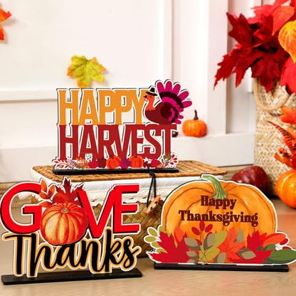 CroBlissful 6 Pcs Thanksgiving Wood Table Centerpiece, Turkey Pumpkin Decor - style: Thanksgiving