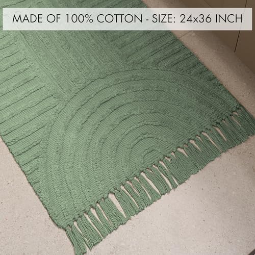 Beautiful Boho Rug with Tassels for Bathroom - Soft 2x3 ft Cotton - color: Sage Green, size: 2' x 3' (Rectangular)
