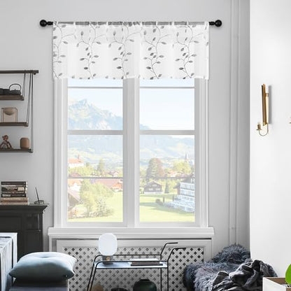 MRTREES Sheer Voile Curtain Valances 2 Panels, Leaves Embroidered Valance Curtains Rod Pocket, Small Sheer Window Curtains Treatment for Bedroom/Living Room/Kitchen/Basement(Grey Leaves, 54x16 Inches) - color: Leaves-grey