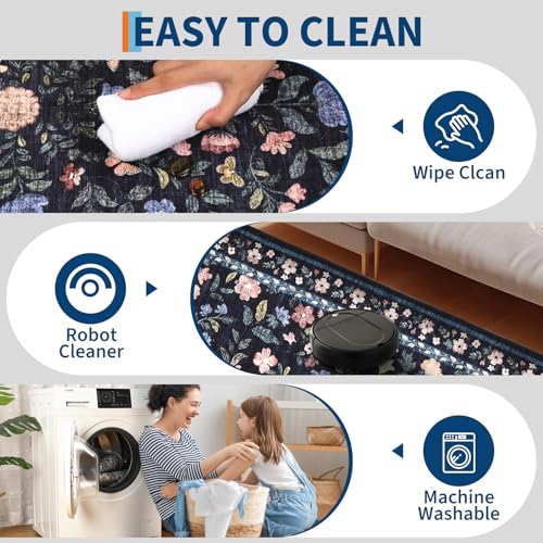 GarveeHome Washable Floral Runner Rug 2.5x8 Non-Slip Hallway Dark Grey Blue - color: Dark Grey Blue, size: 2'6" x 8' (Rectangular)