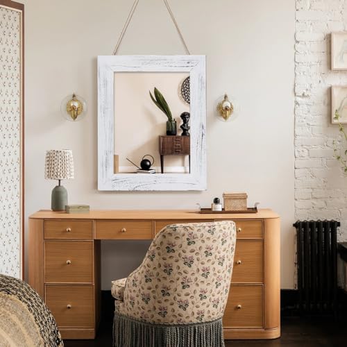 QDSSDECO 16" x 20" Farmhouse Rectangular Wall Mirror, White - color: White Without Shelf